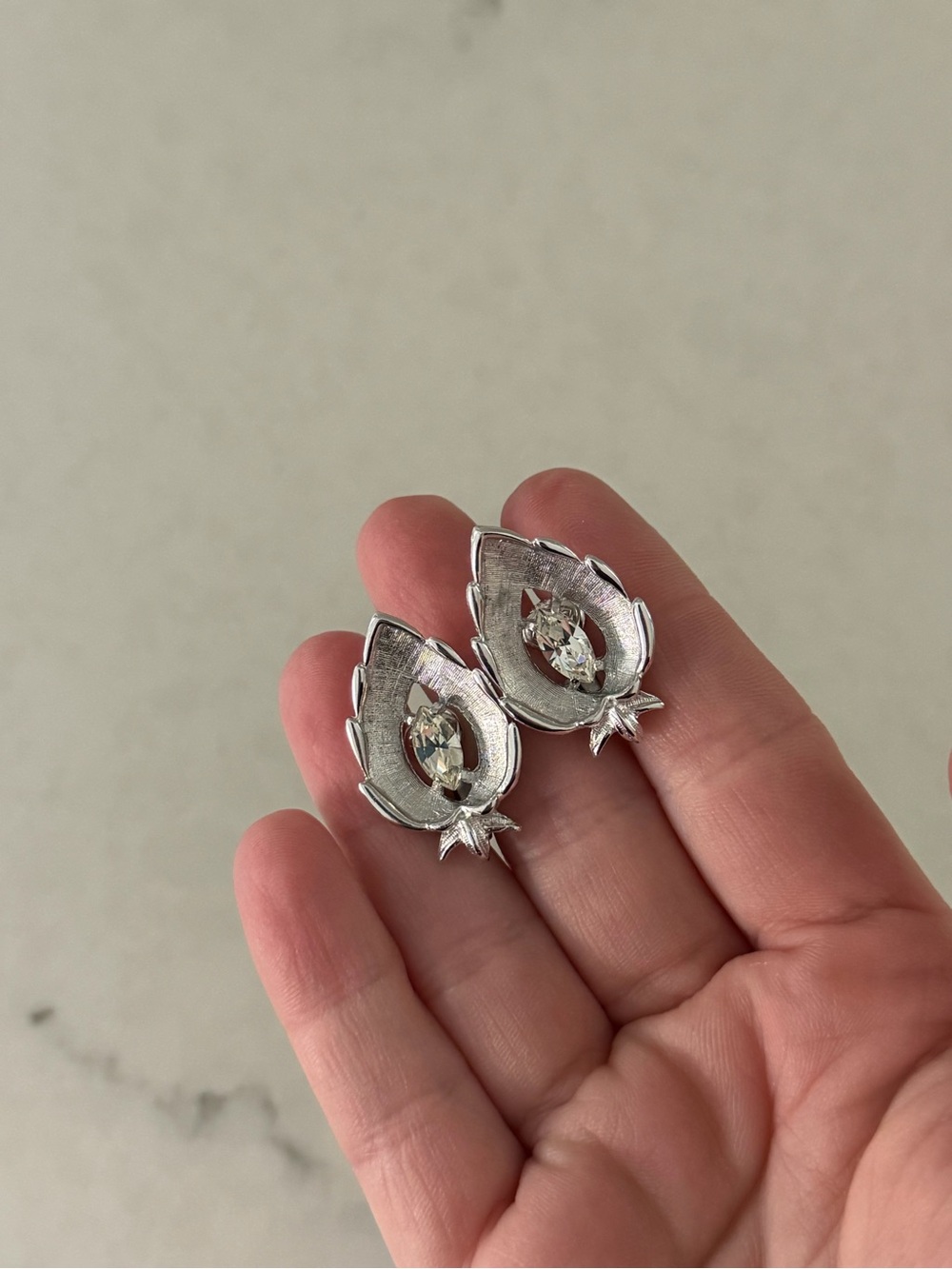 Vintage Silver Leaf Crystal Clip-On Earrings - Elegant Silver Tone